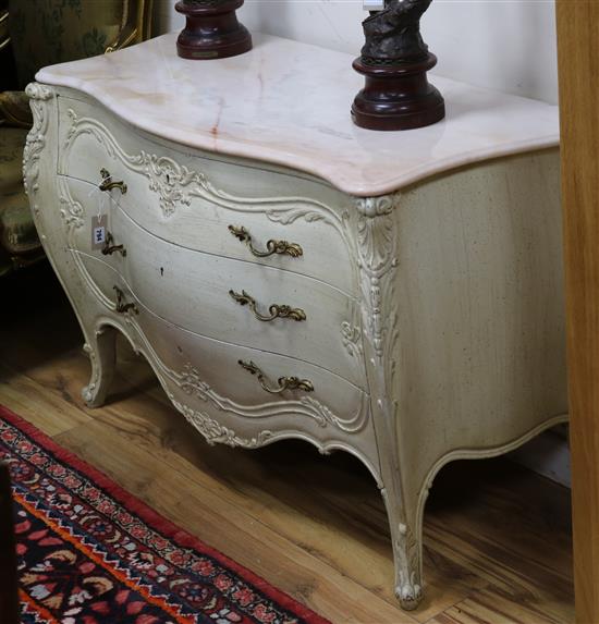 A Louis XVI style marble topped and painted bombe commode w.122cm